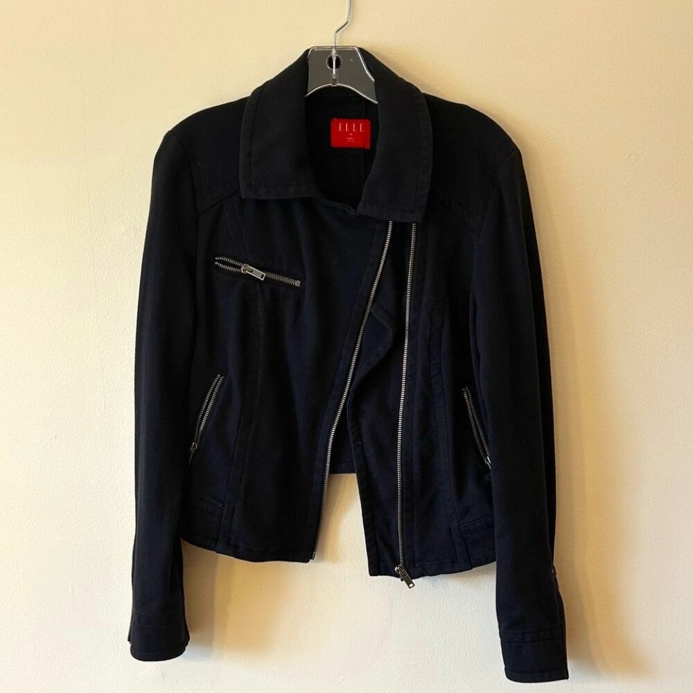 Elle Black Biker Jacket with Zipper Front and Zipper Cuffs